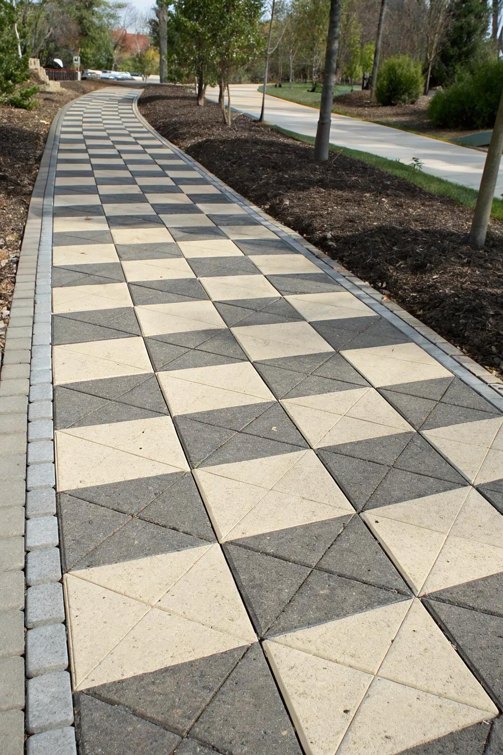 Timeless elegance with a checkerboard pattern walkway.