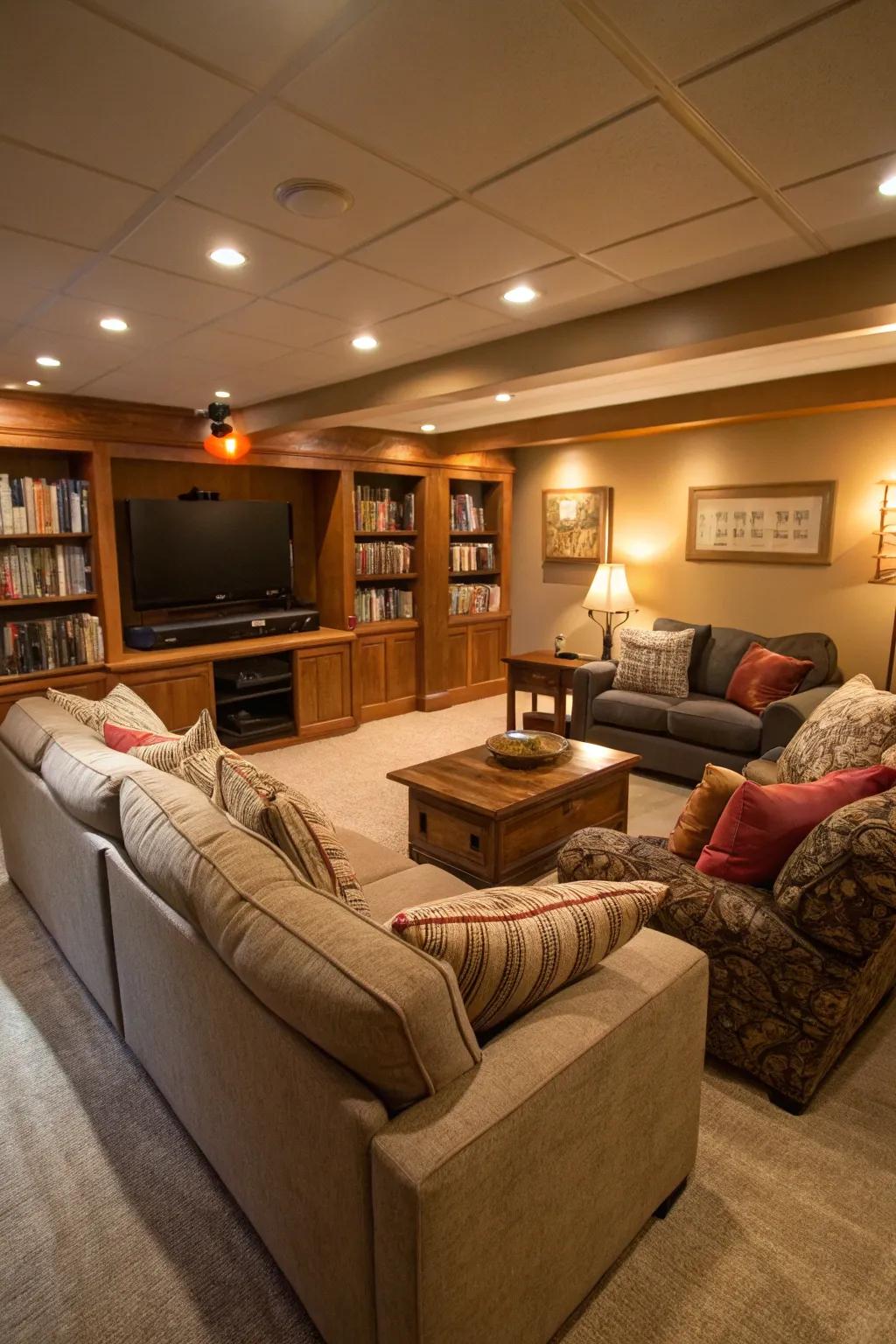 Create a welcoming family room in your basement for cozy gatherings.