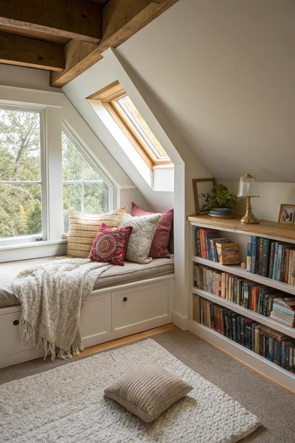 Create a cozy reading nook in your A-frame attic for the perfect retreat.