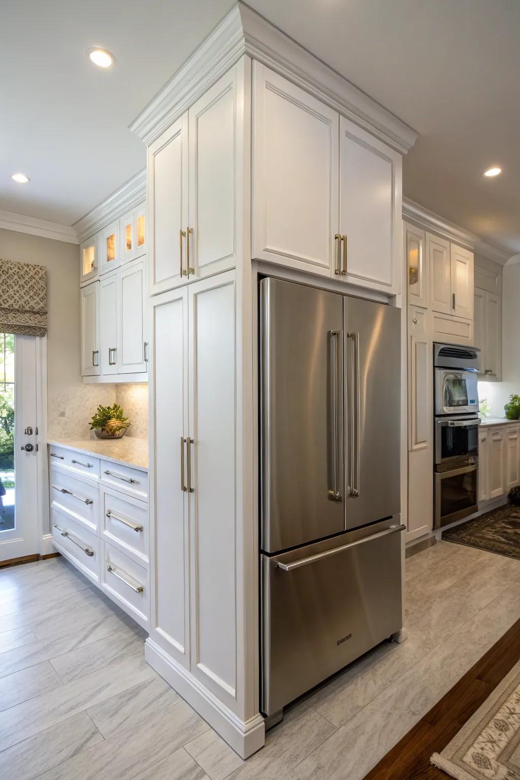 Custom cabinets create a seamless and tailored look above your fridge.