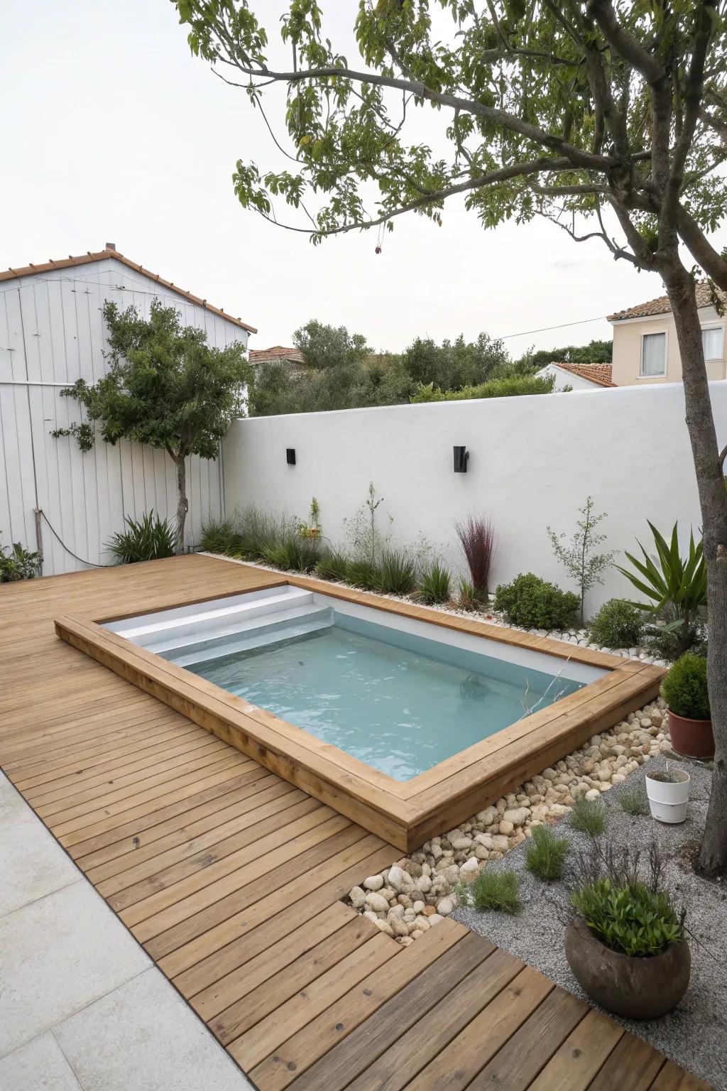 Simplicity shines with a minimalistic wooden pool deck.