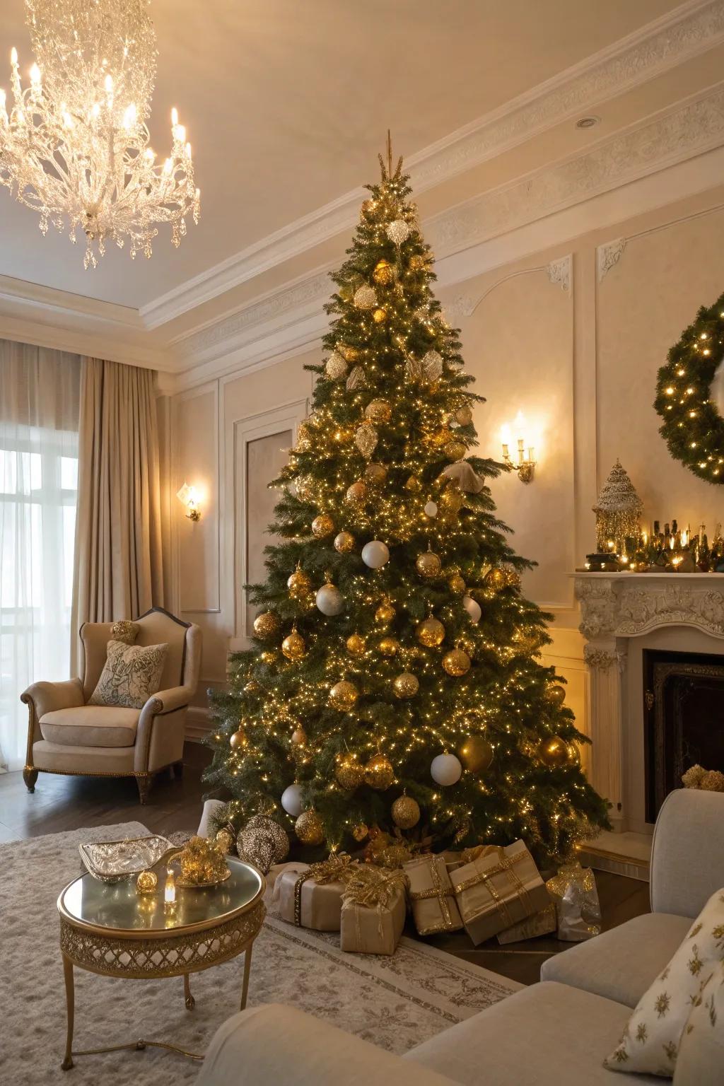 A Christmas tree radiating golden glamour with shimmering ornaments and warm lights.