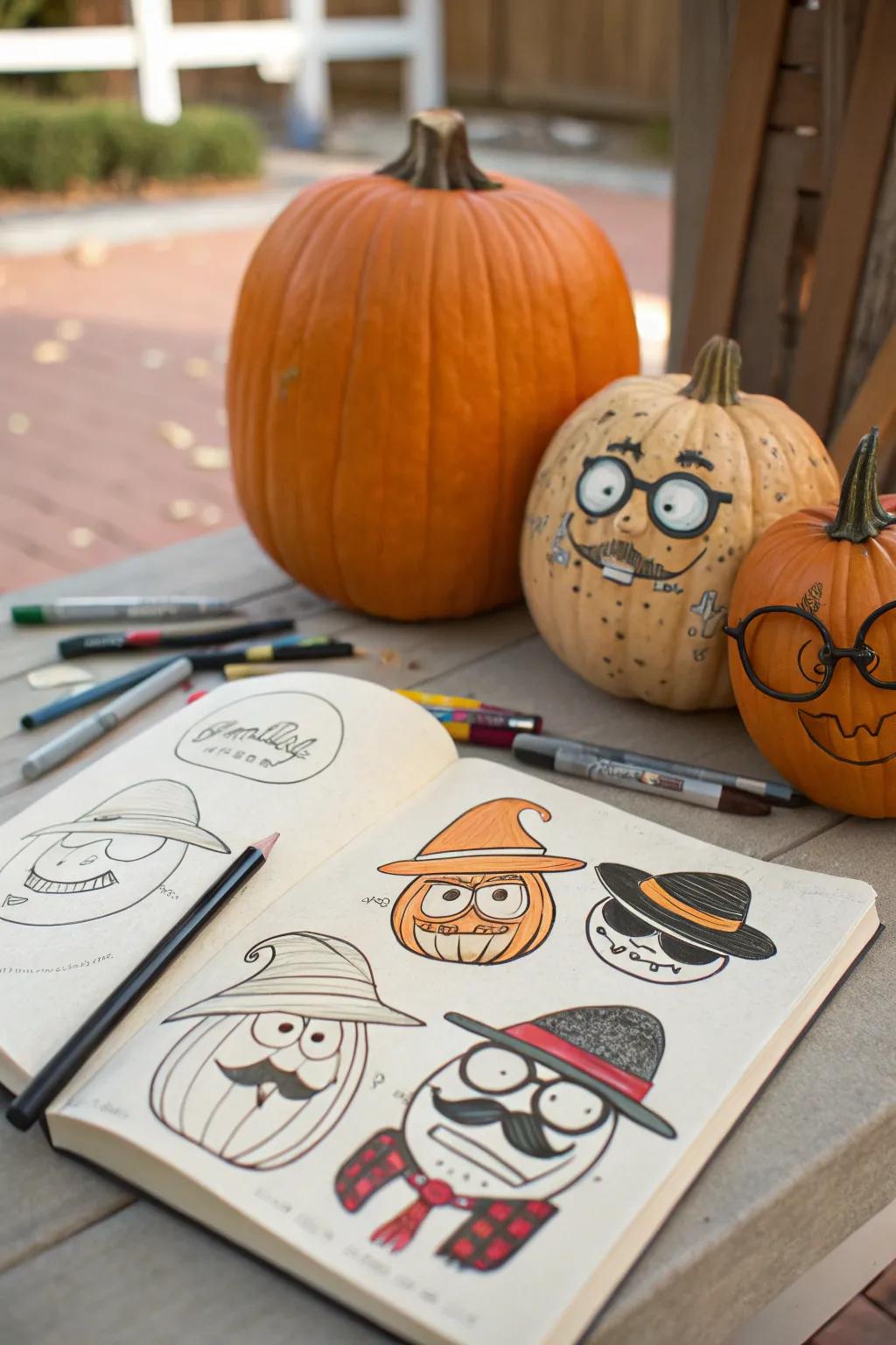Whimsical pumpkin drawings with playful expressions