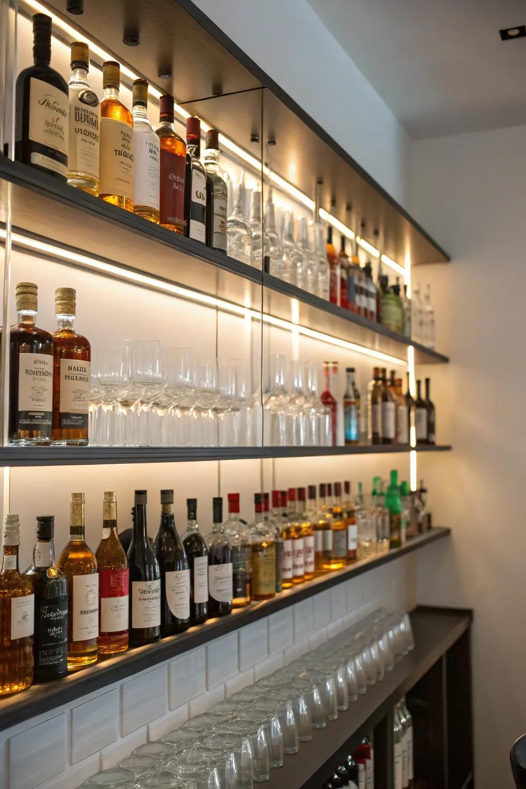 Elegant wall-mounted shelves displaying an assortment of liquor bottles and glasses.