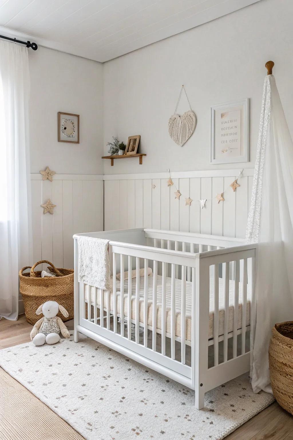 A white crib stands as the focal point in a minimalist nursery.