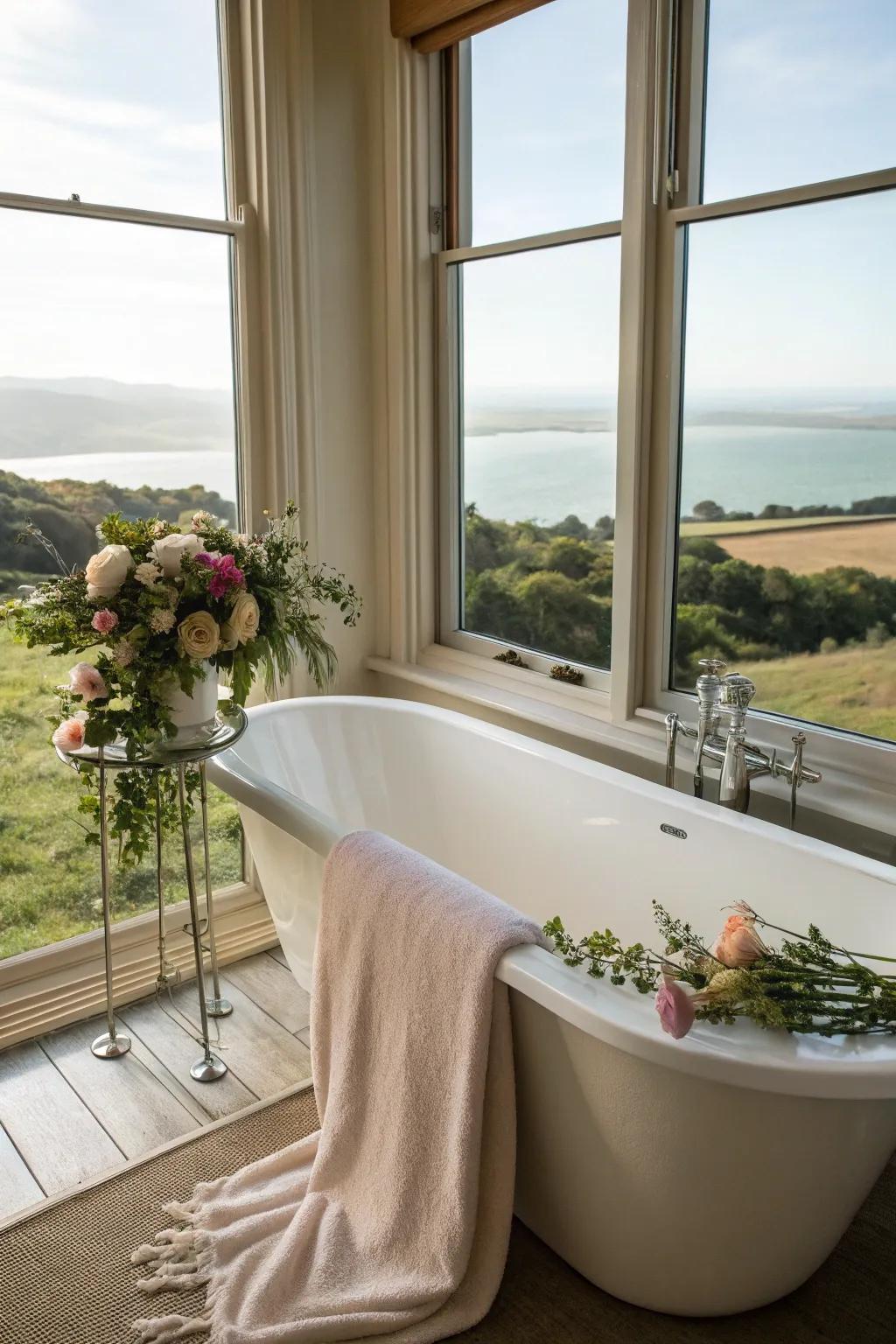 A freestanding bathtub offers a touch of elegance and relaxation.