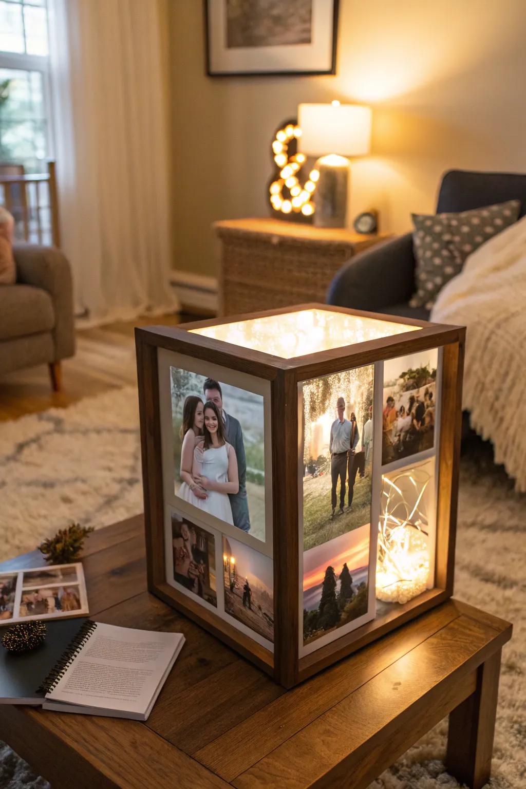 A photo collage shadow box tells your love story in snapshots.