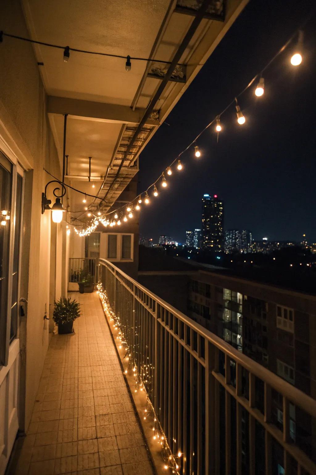 String lights cast a warm and enchanting glow on this balcony.