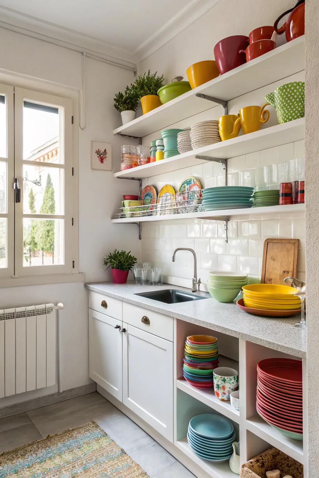 Open shelving adds both style and practicality to a compact kitchen.