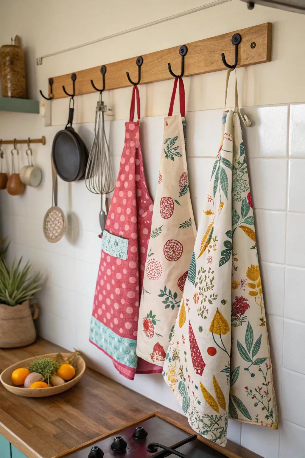 Use chic wall hooks to create a stylish apron display.