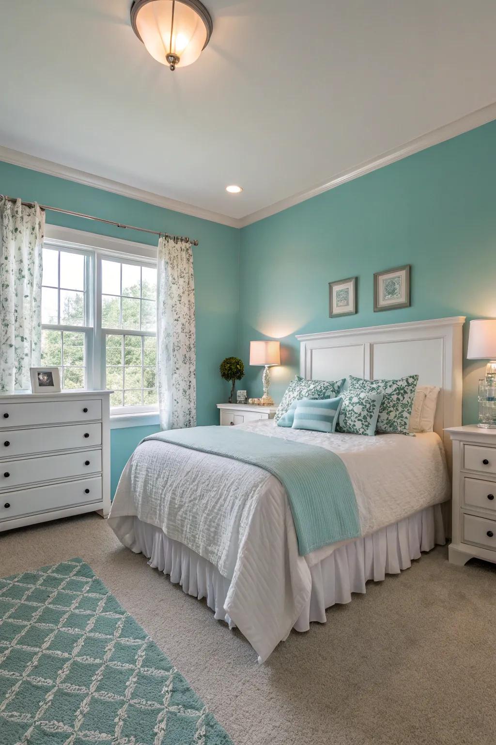 Aqua blue walls create a peaceful bedroom atmosphere.