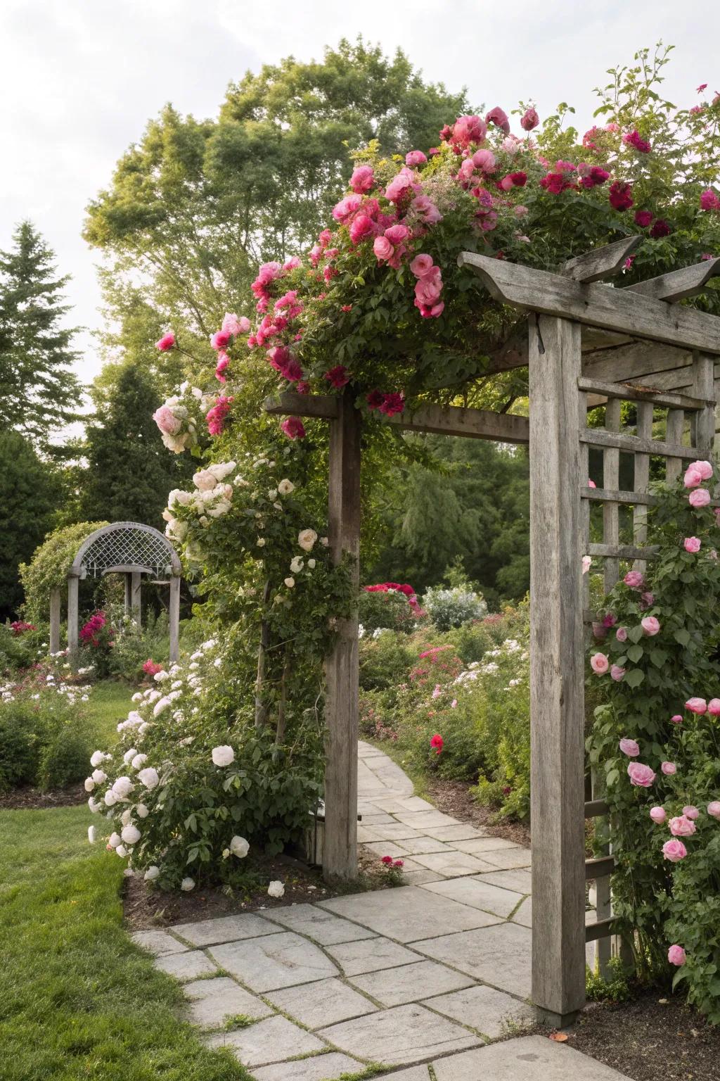 A timeless wooden arbor covered in vibrant climbing roses.