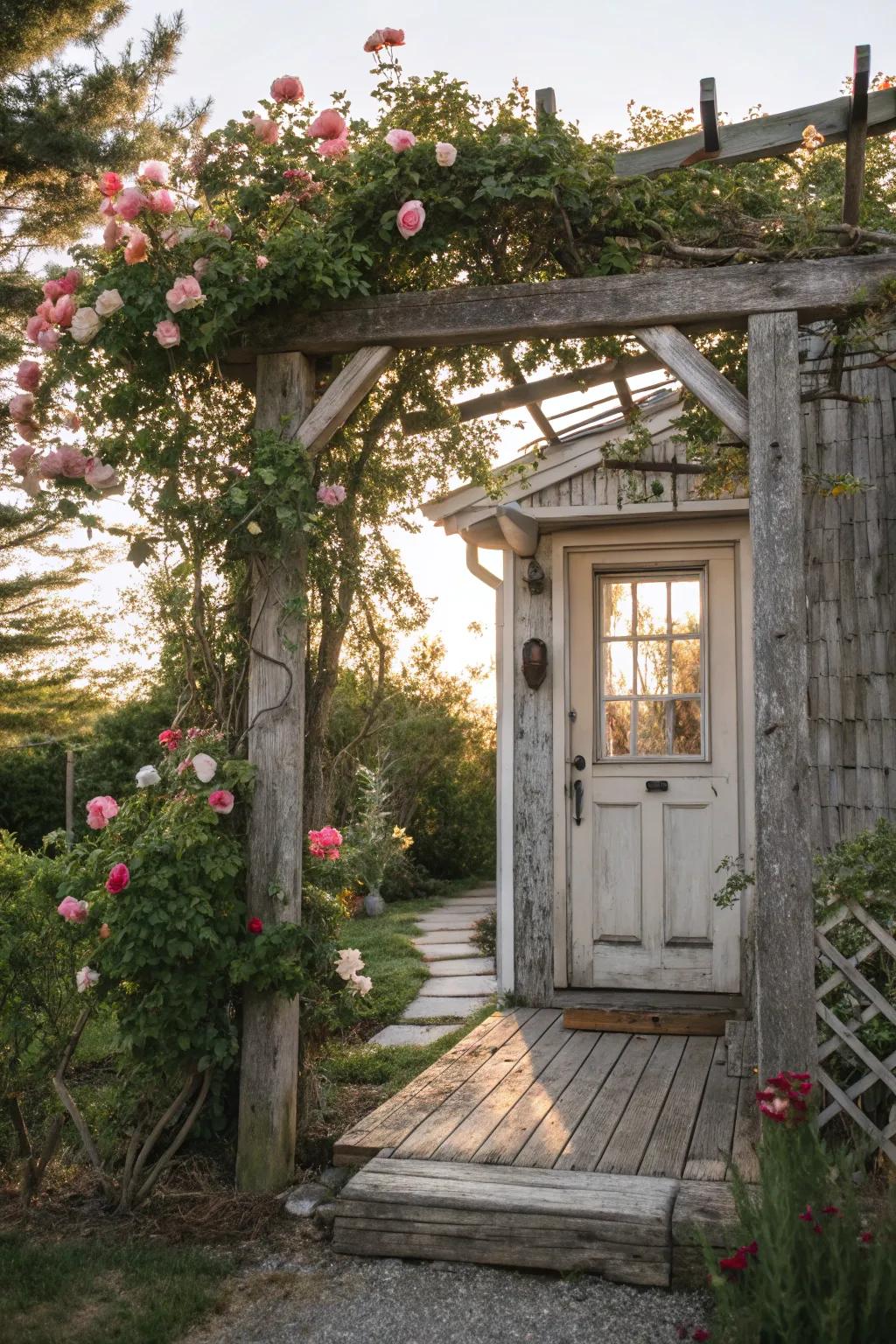 A rustic wooden archway with climbing roses for a timeless entrance.