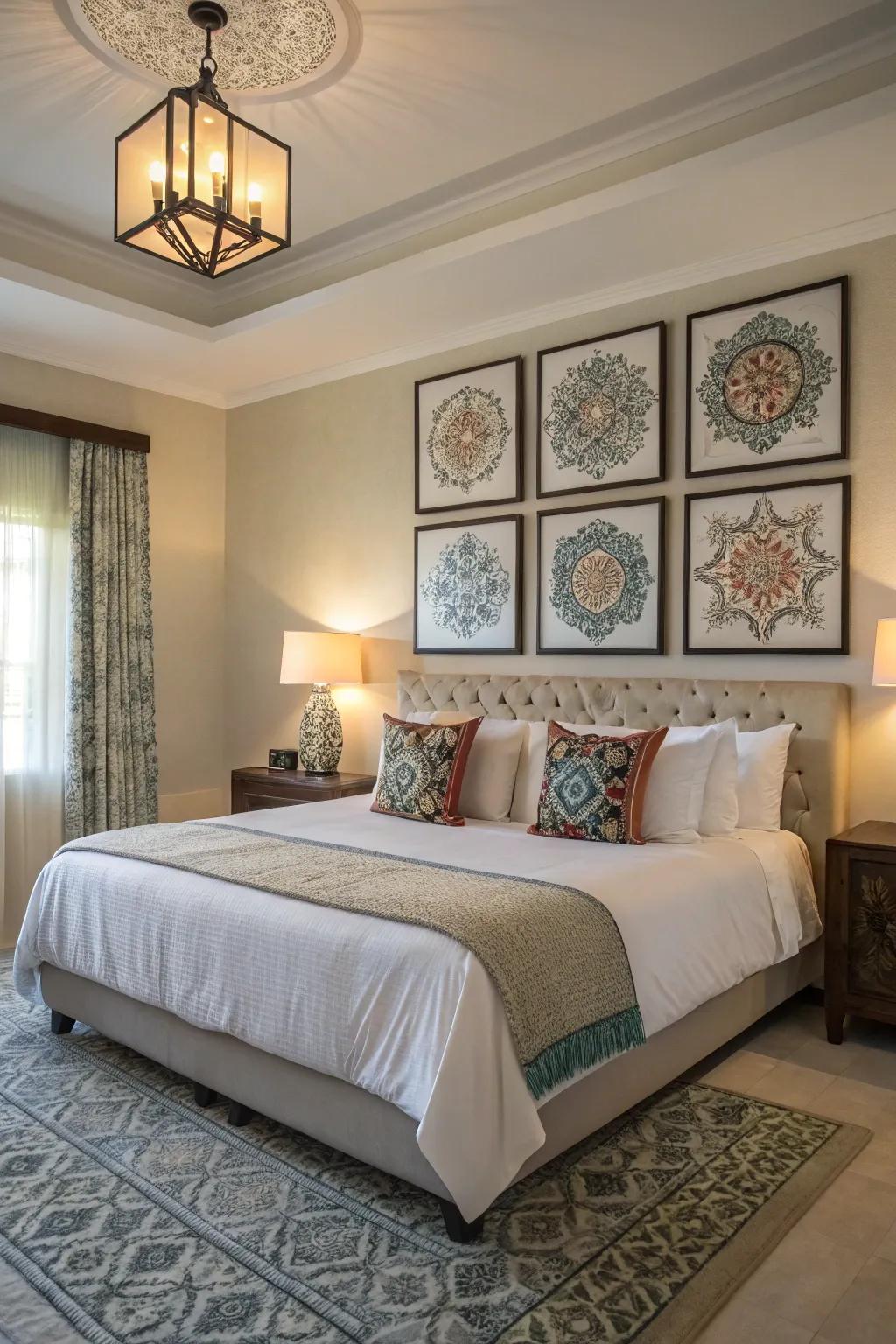 Find peace with symmetrical art arrangements above your bed.