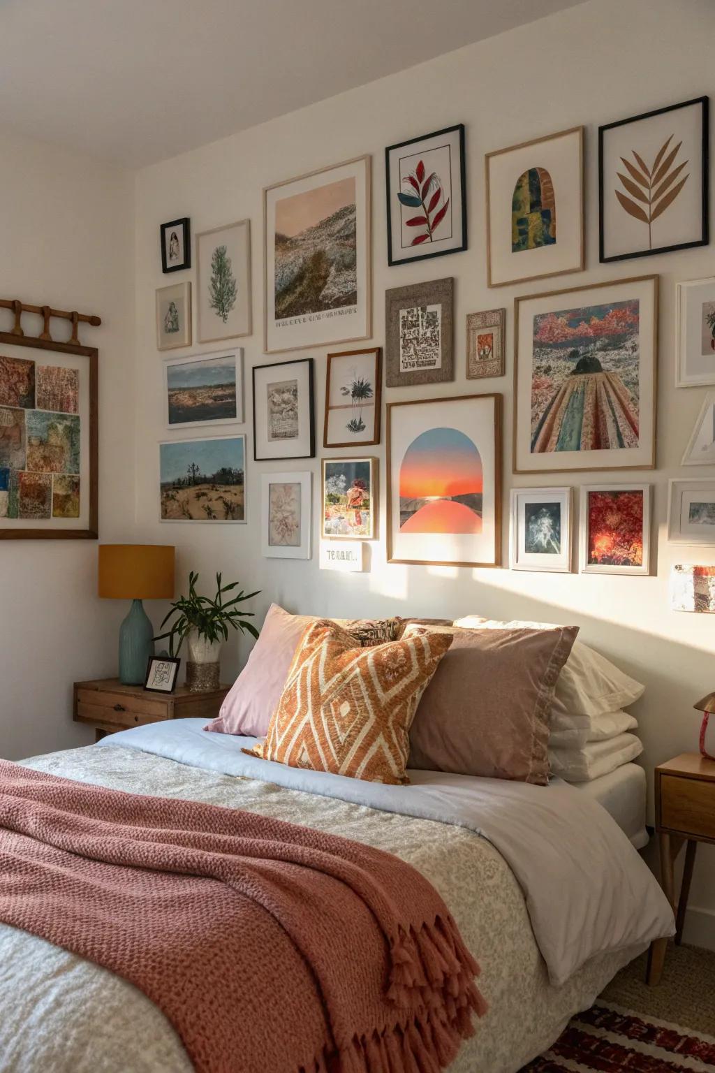 A gallery wall adds personality and depth to your bedroom.