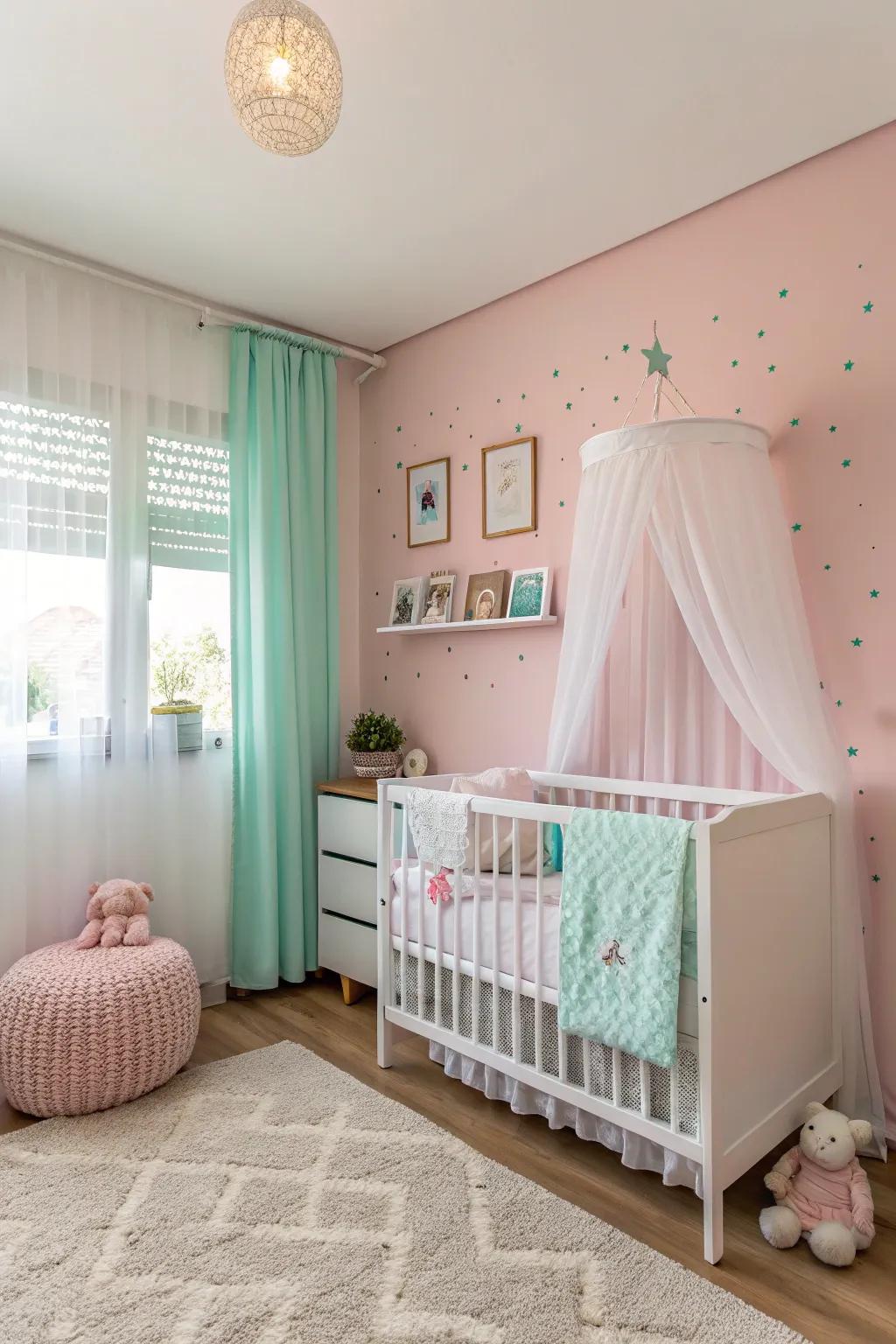 A soothing pastel-themed bedroom perfect for a baby girl.