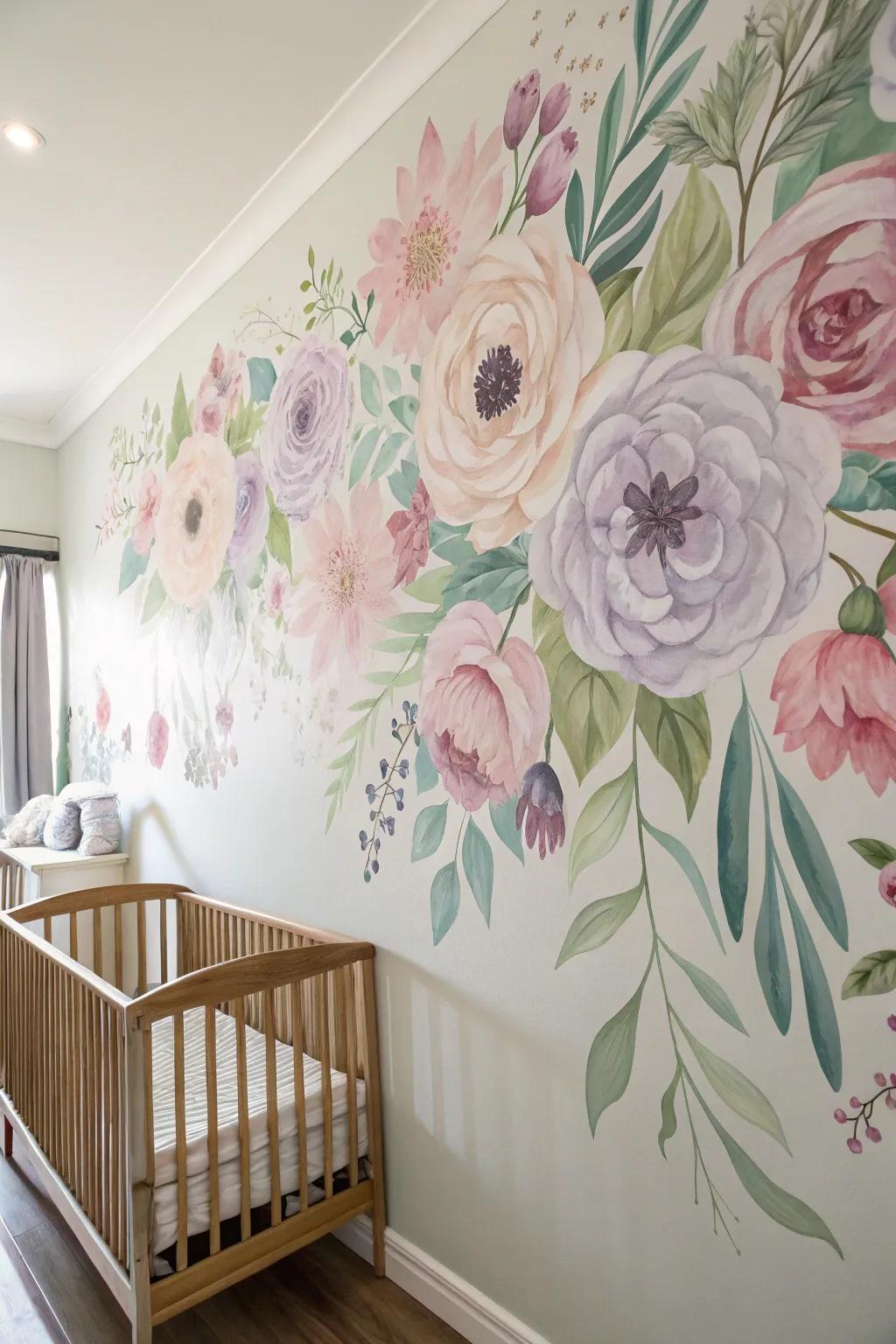 A nursery wall adorned with a stunning floral mural.