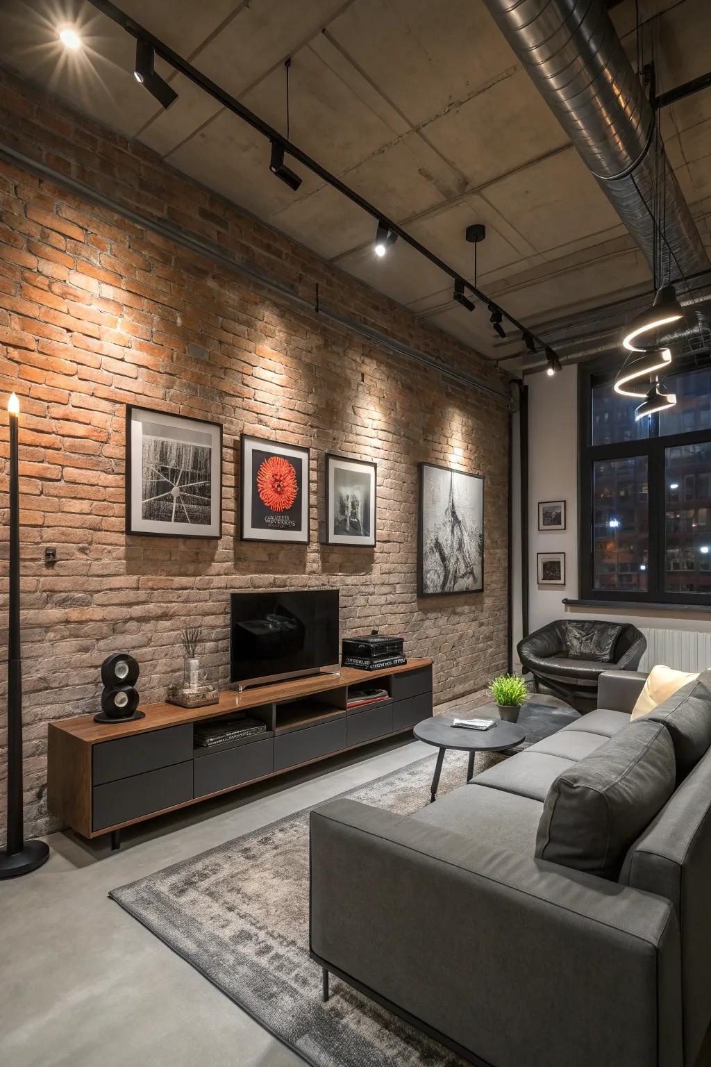 Industrial charm meets modern art in this sleek bachelor pad.