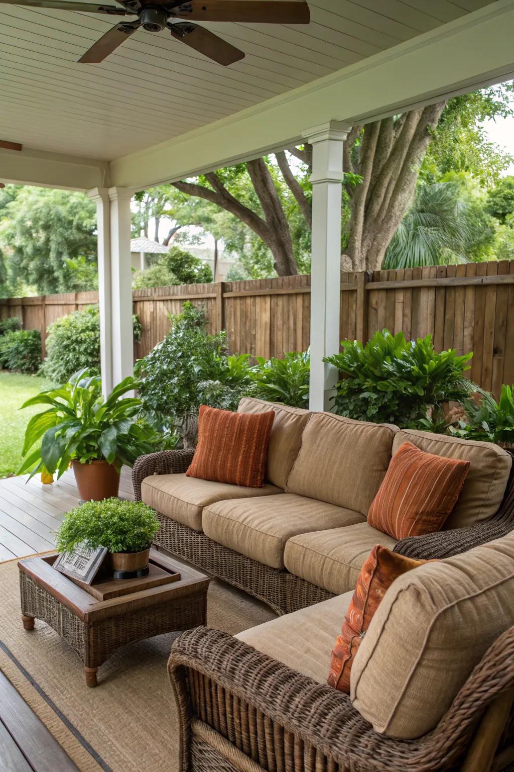 Sink into comfort with plush seating on your back porch.