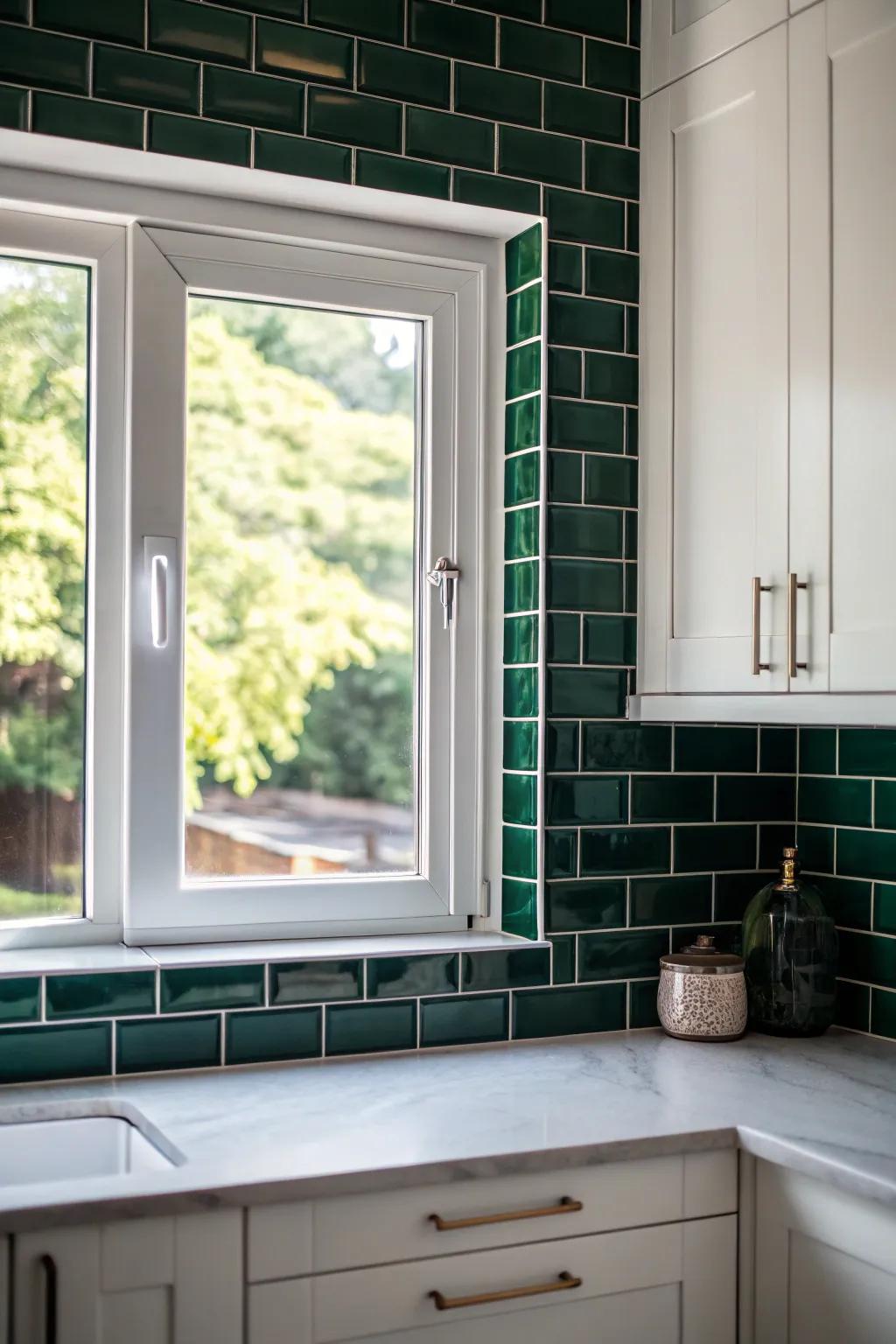 Dark green subway tiles framing a kitchen window, offering a bold contrast.