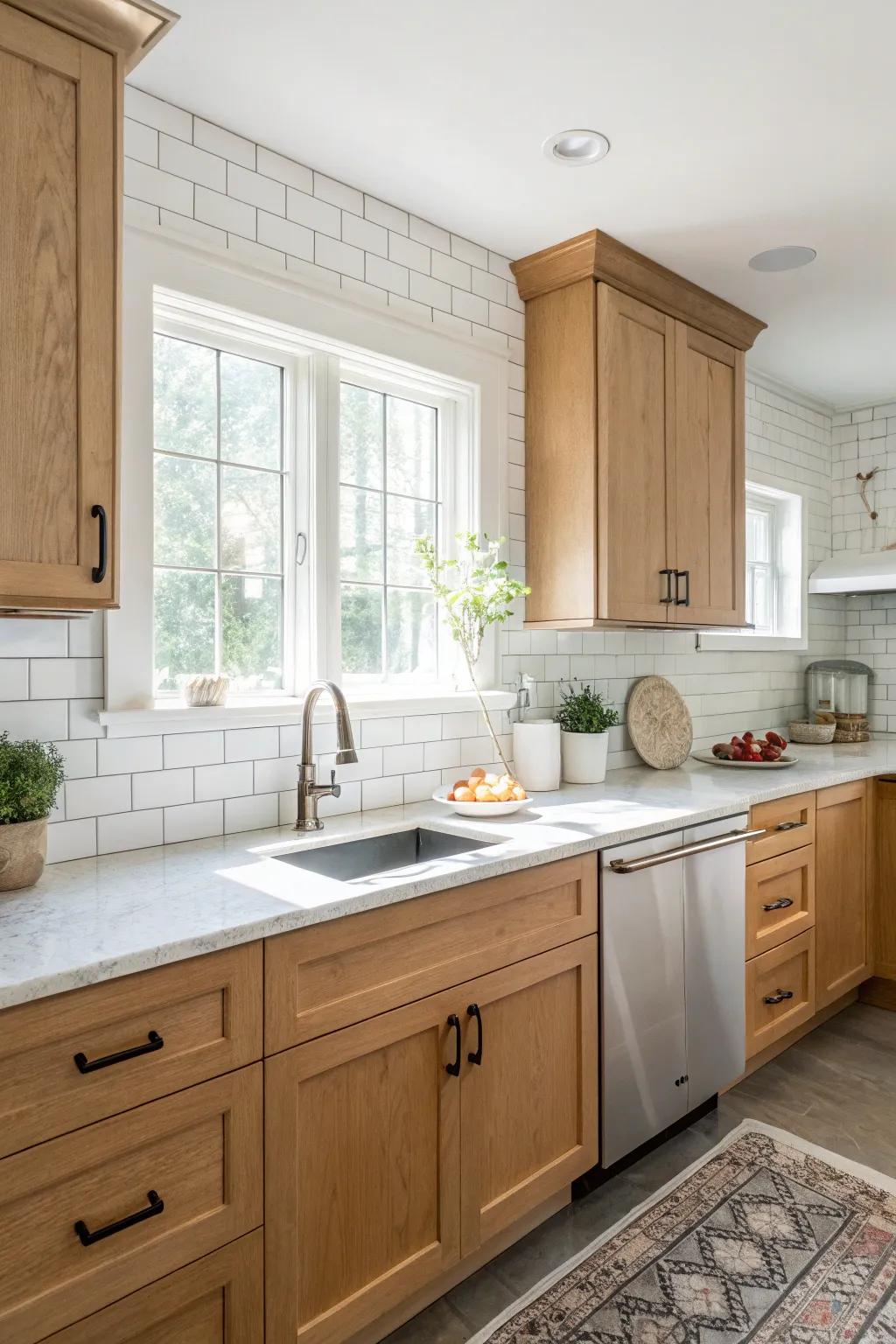 A classic white subway tile backsplash adds brightness to maple cabinets.