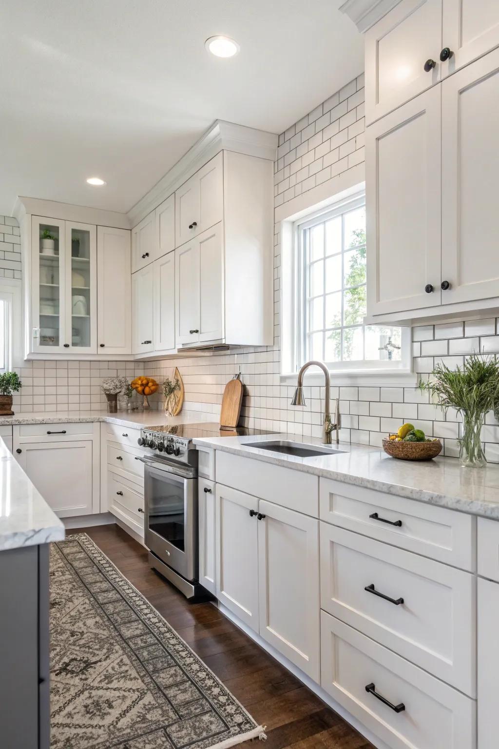 Classic white subway tiles complement the white cabinets seamlessly