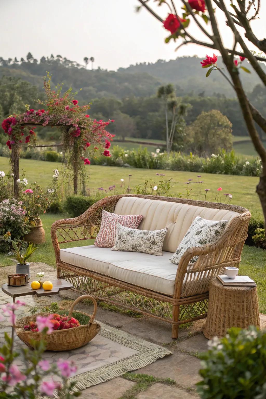 Rattan couches blend seamlessly with garden surroundings for a natural look.