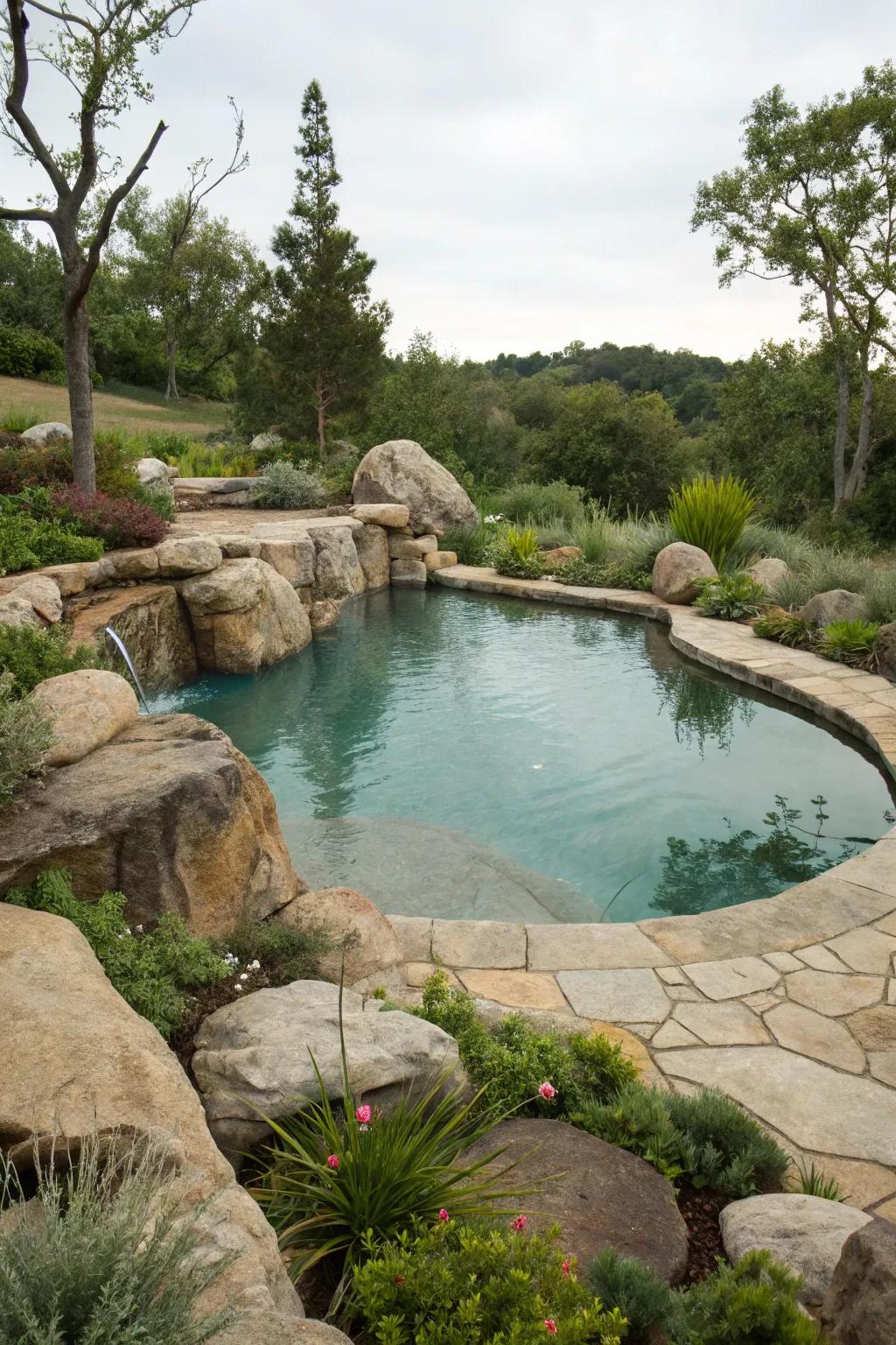 A kidney-shaped pool beautifully integrated with natural landscaping.