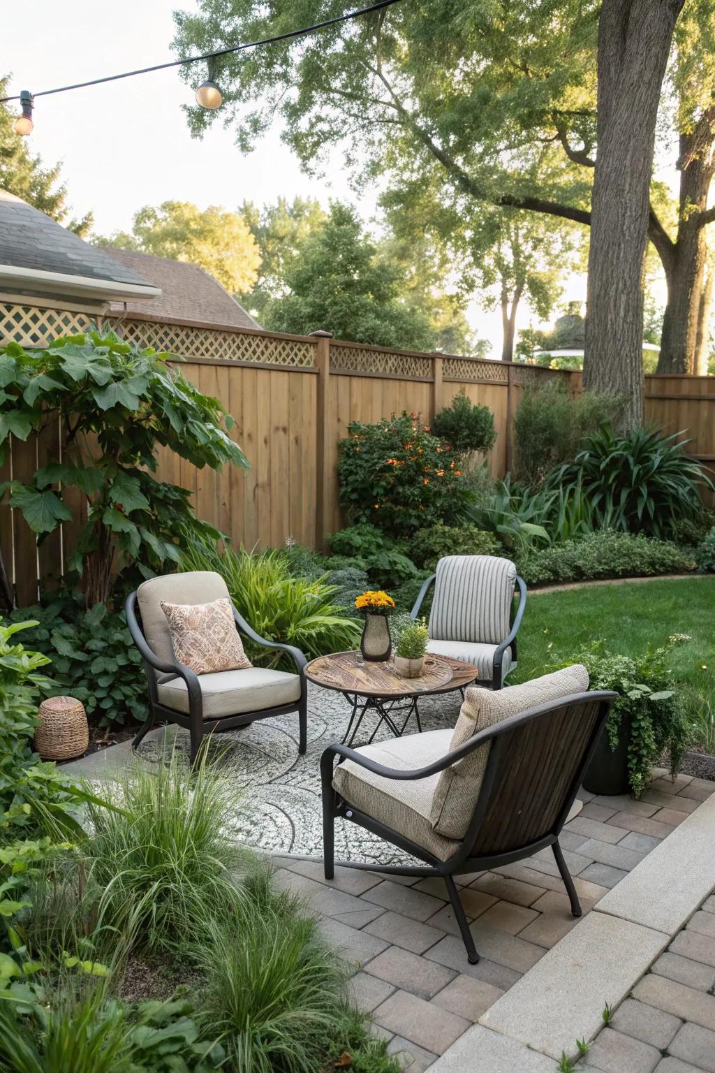 A cozy seating area surrounded by lush greenery.