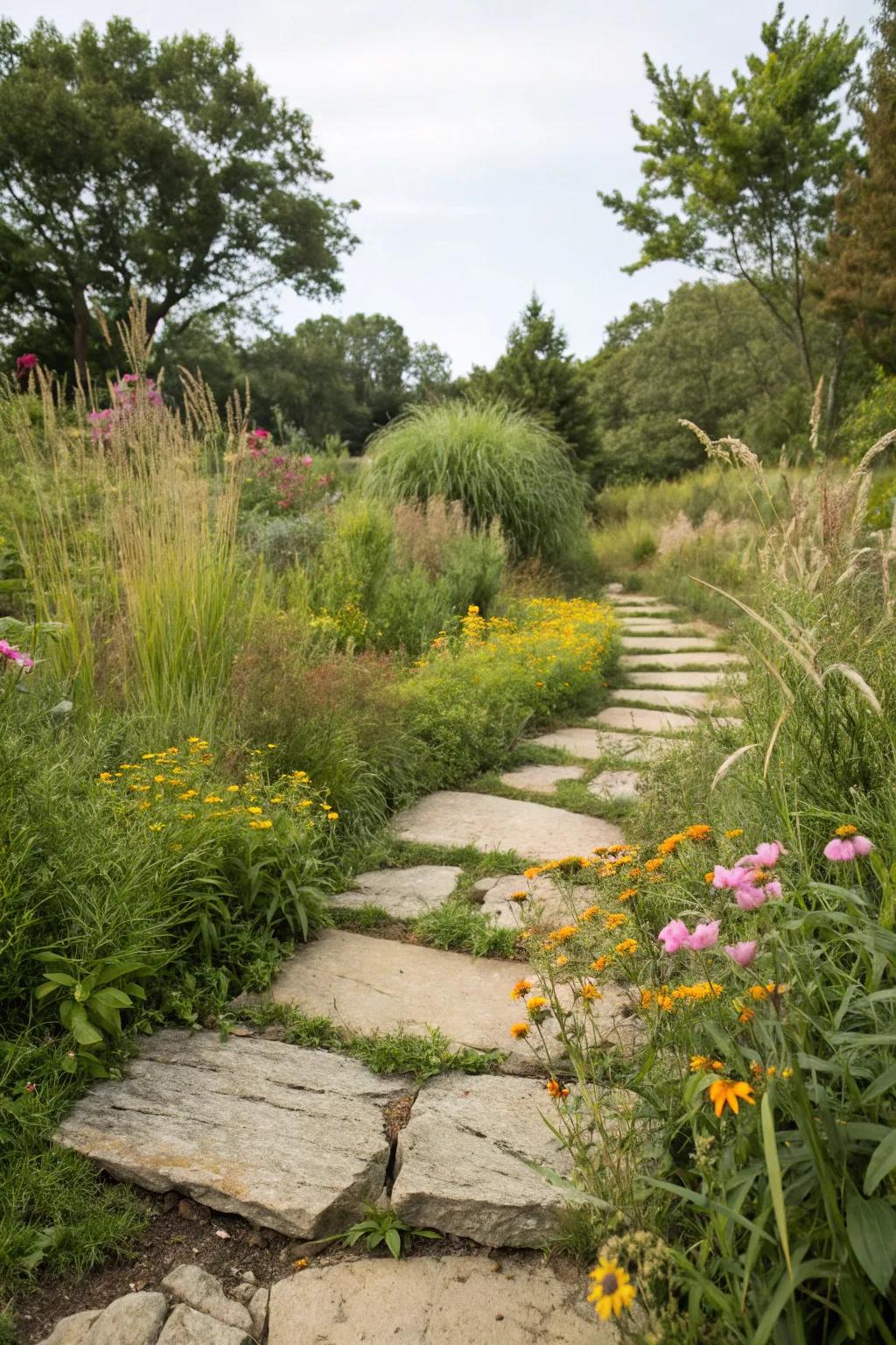 Natural stone stepping stones create a rustic, earthy pathway.