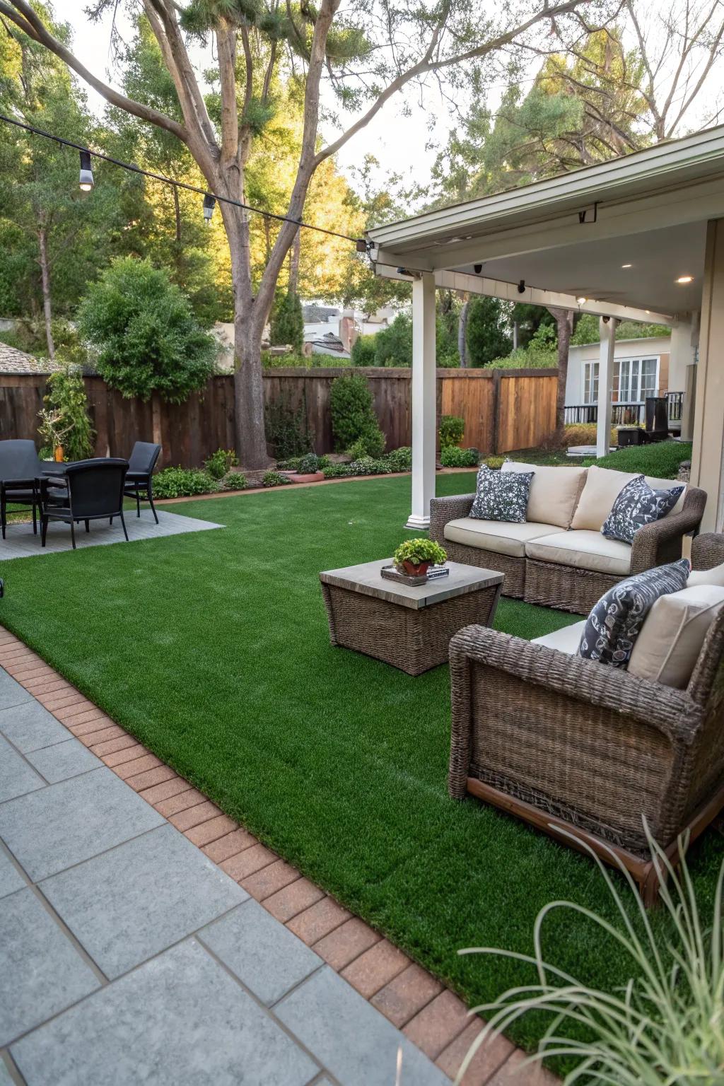 A patio perfectly blended with lush artificial turf.