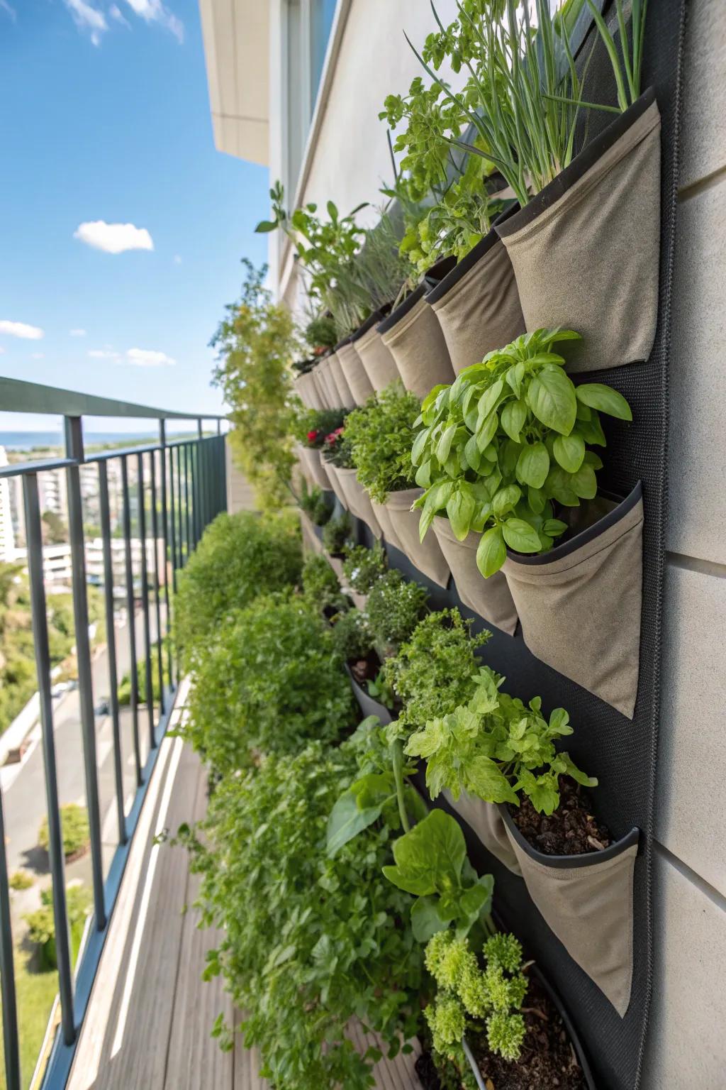 A vertical herb wall maximizes space and adds greenery to your balcony.