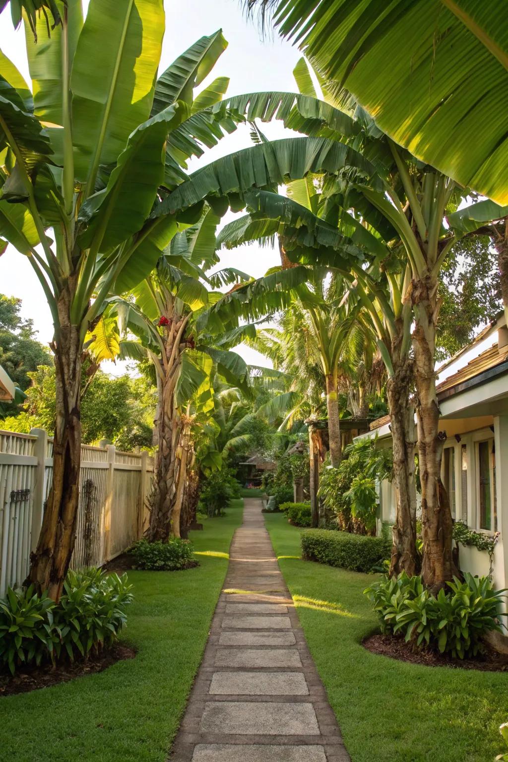 Create a grand entrance with banana trees lining your garden pathway.