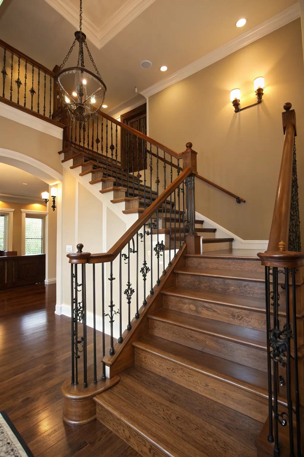 A stylish blend of wood and metal in a staircase banister.