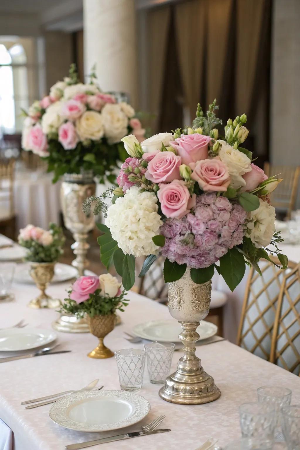 A classic floral centerpiece with roses and hydrangeas.