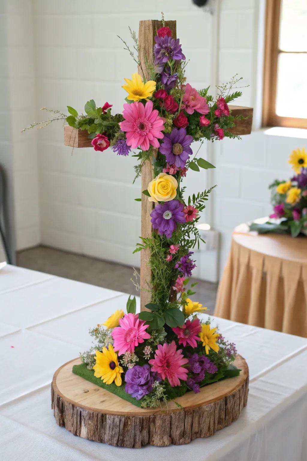 A floral cross arrangement creates a visually stunning focal point.