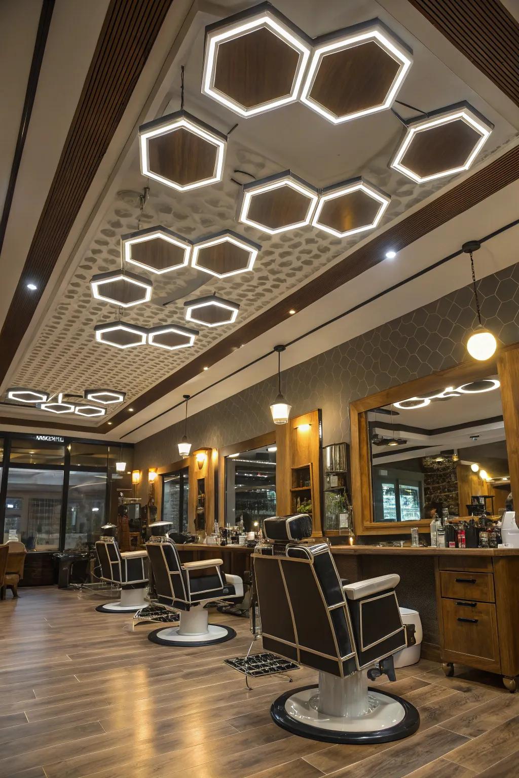 Modern barbershop with striking geometric ceiling lights.