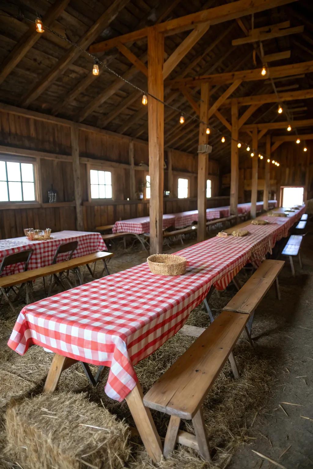 Checkered tablecloths add a touch of rustic charm to any barn setting.