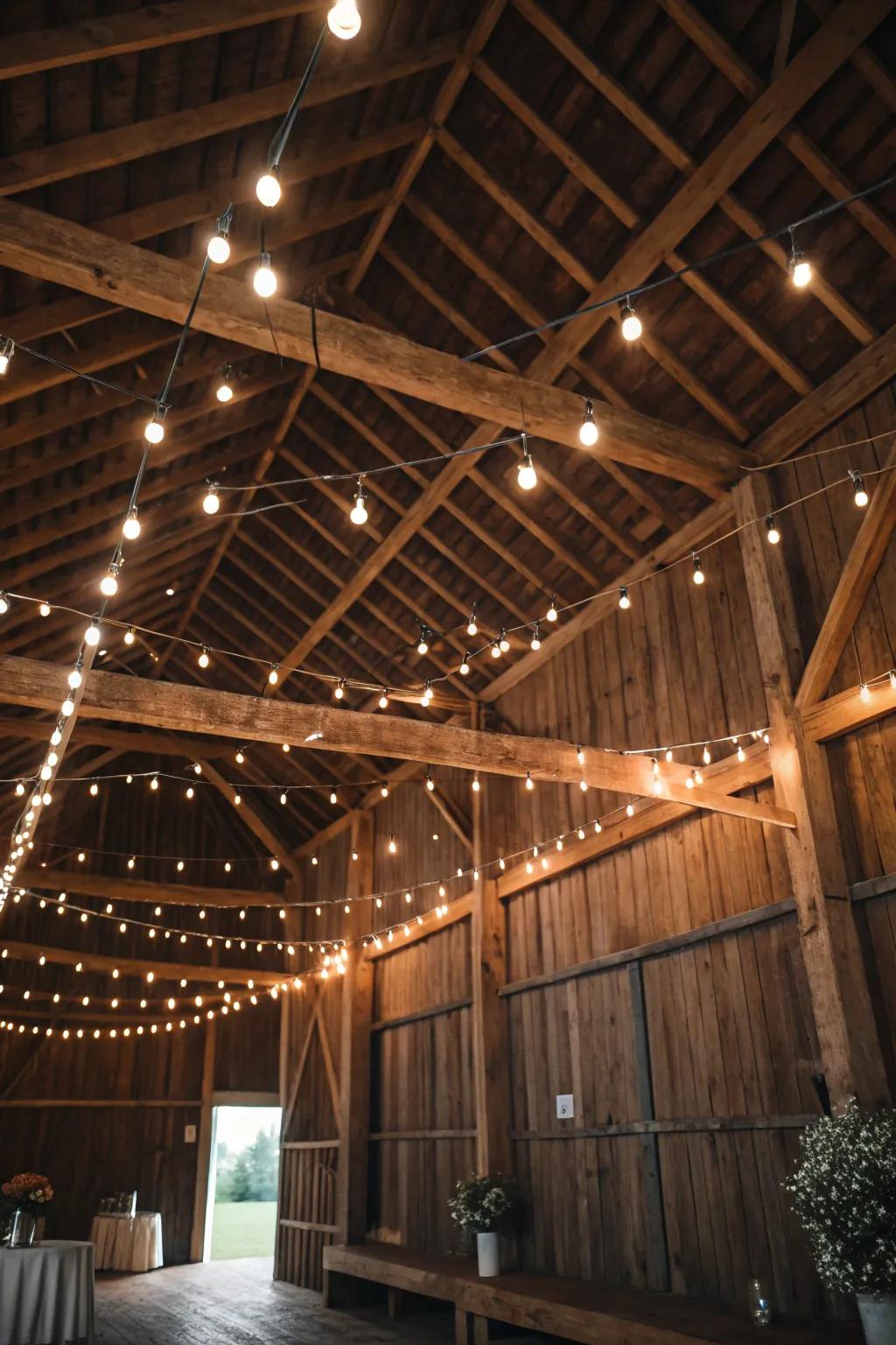 String lights add a warm glow to barn interiors.