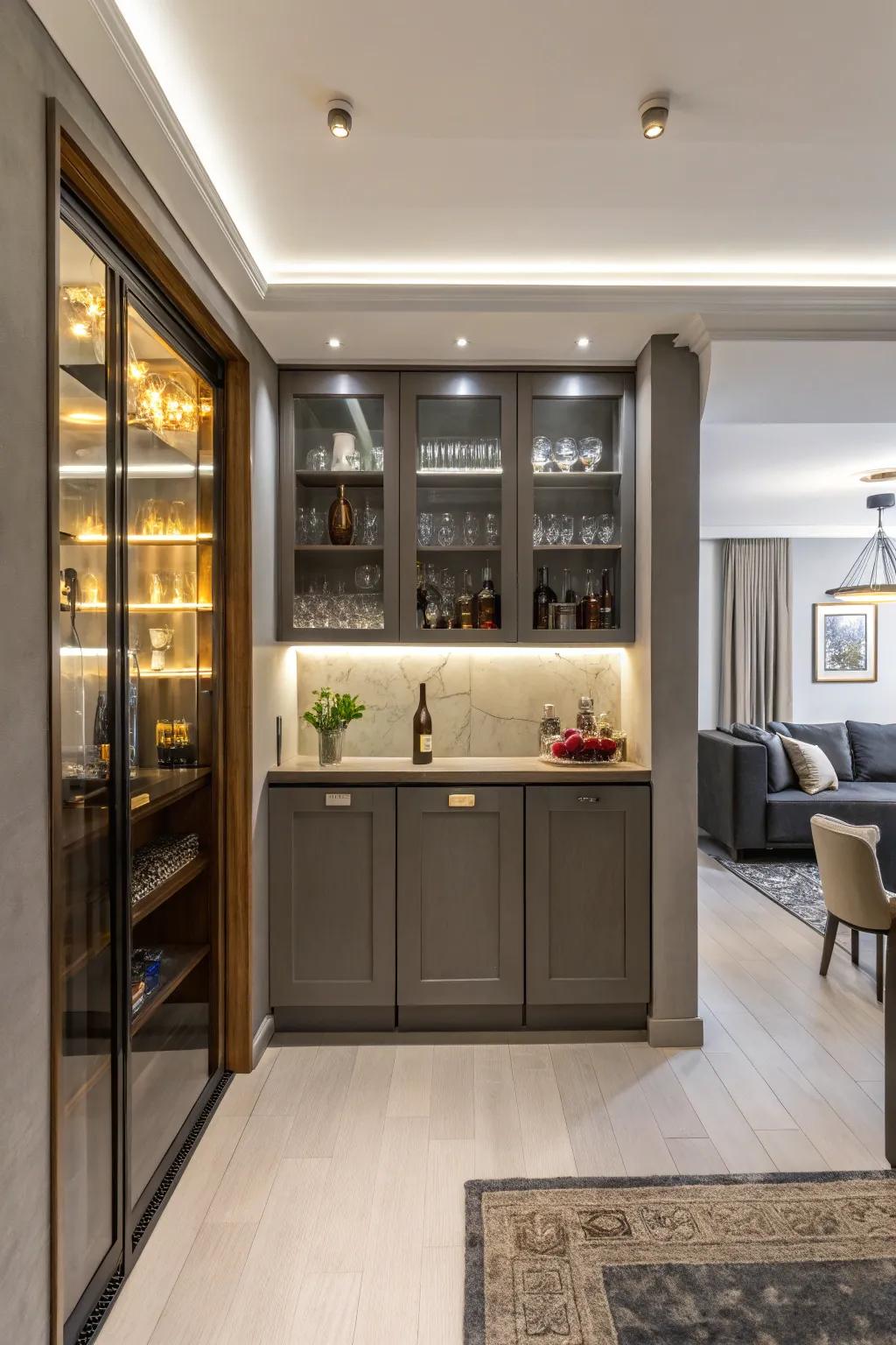 A sleek built-in bar that maximizes space and style in a cozy apartment.