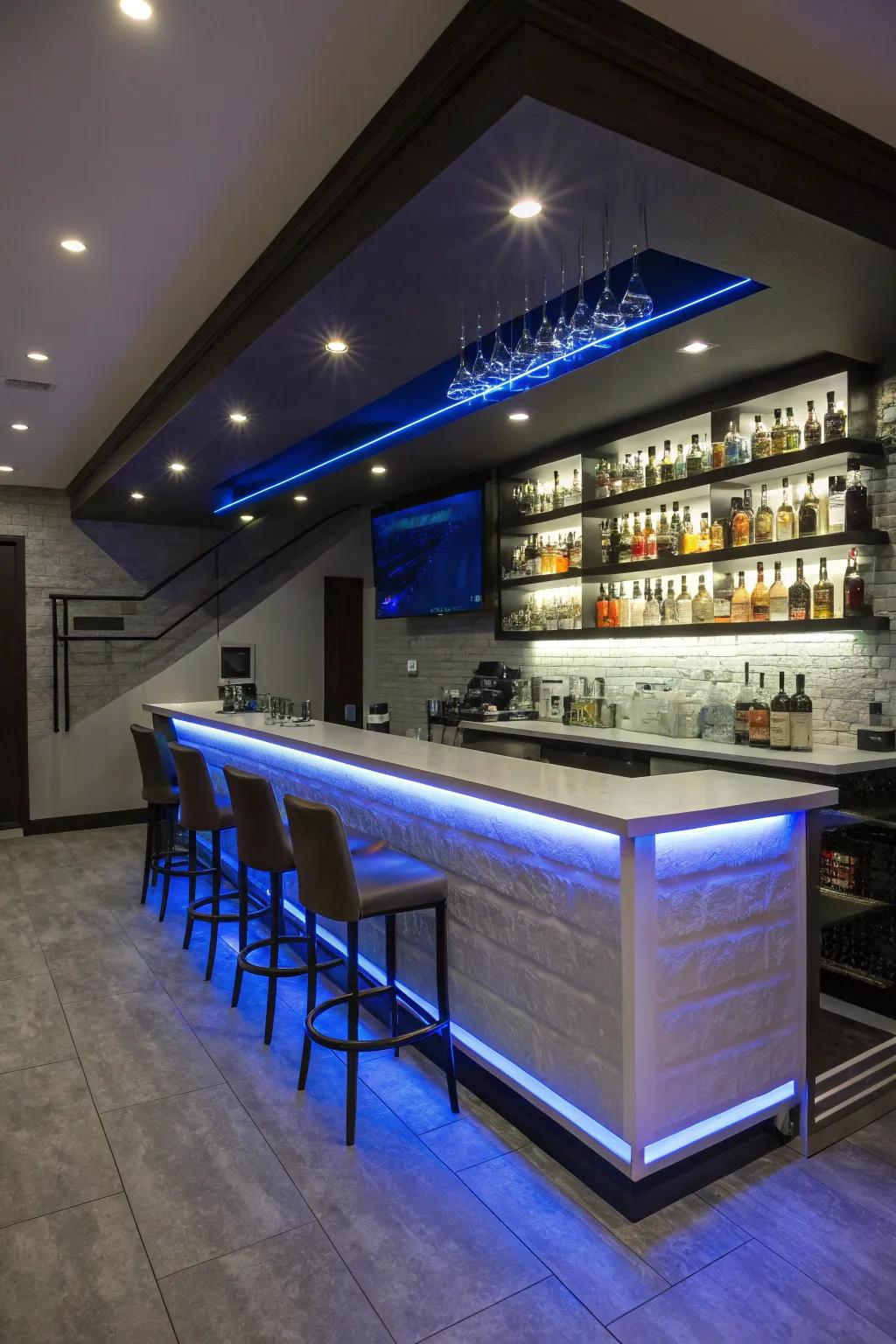 LED strips add a sleek touch to your basement bar.