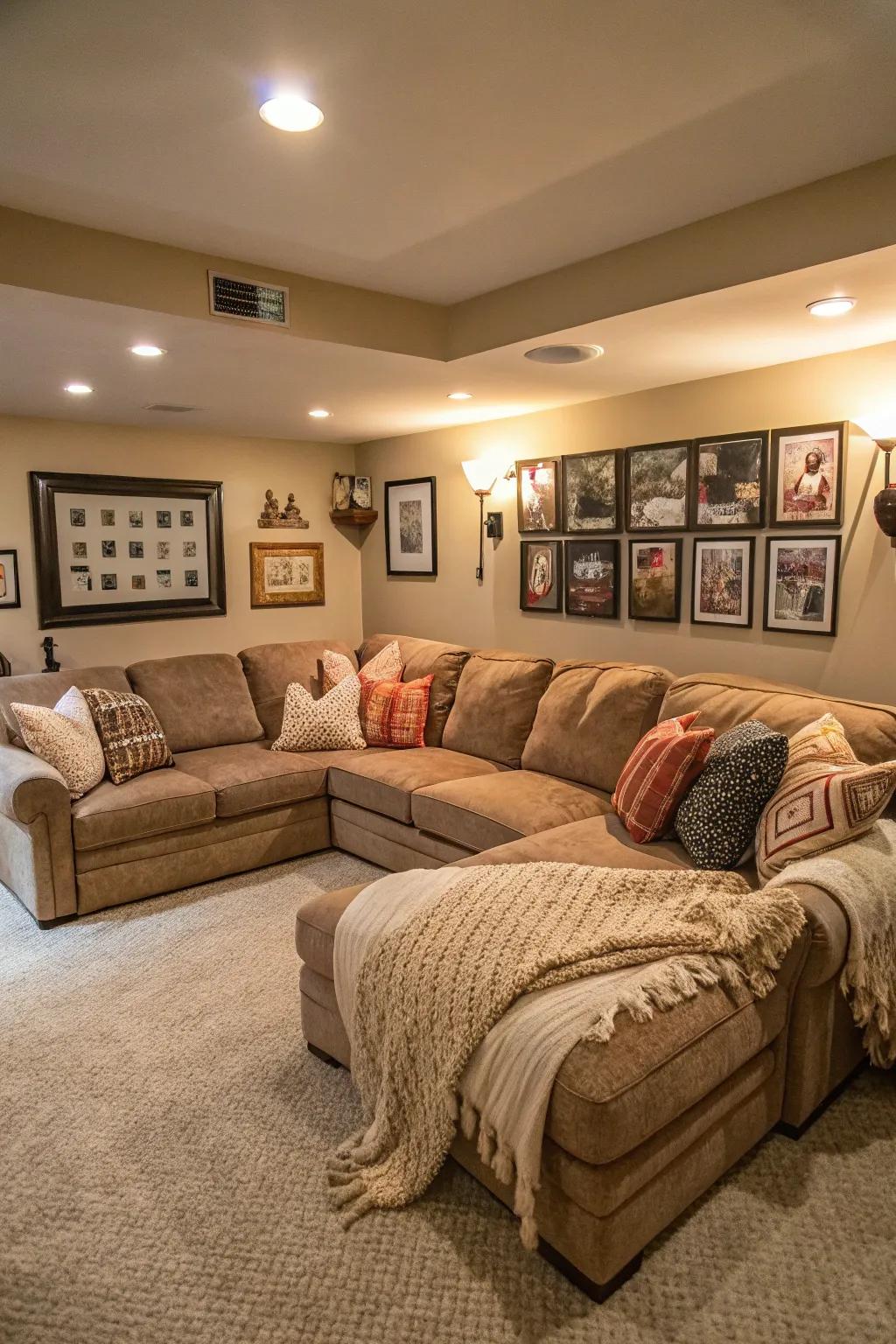 A sectional sofa anchors this inviting basement family room.