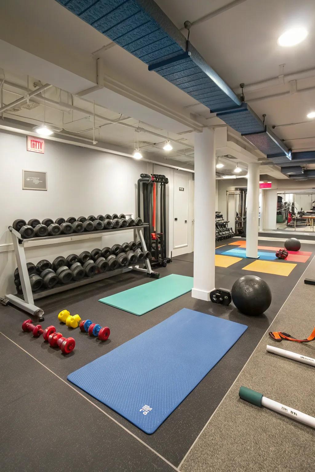 Create defined zones for different workout activities in your basement gym.