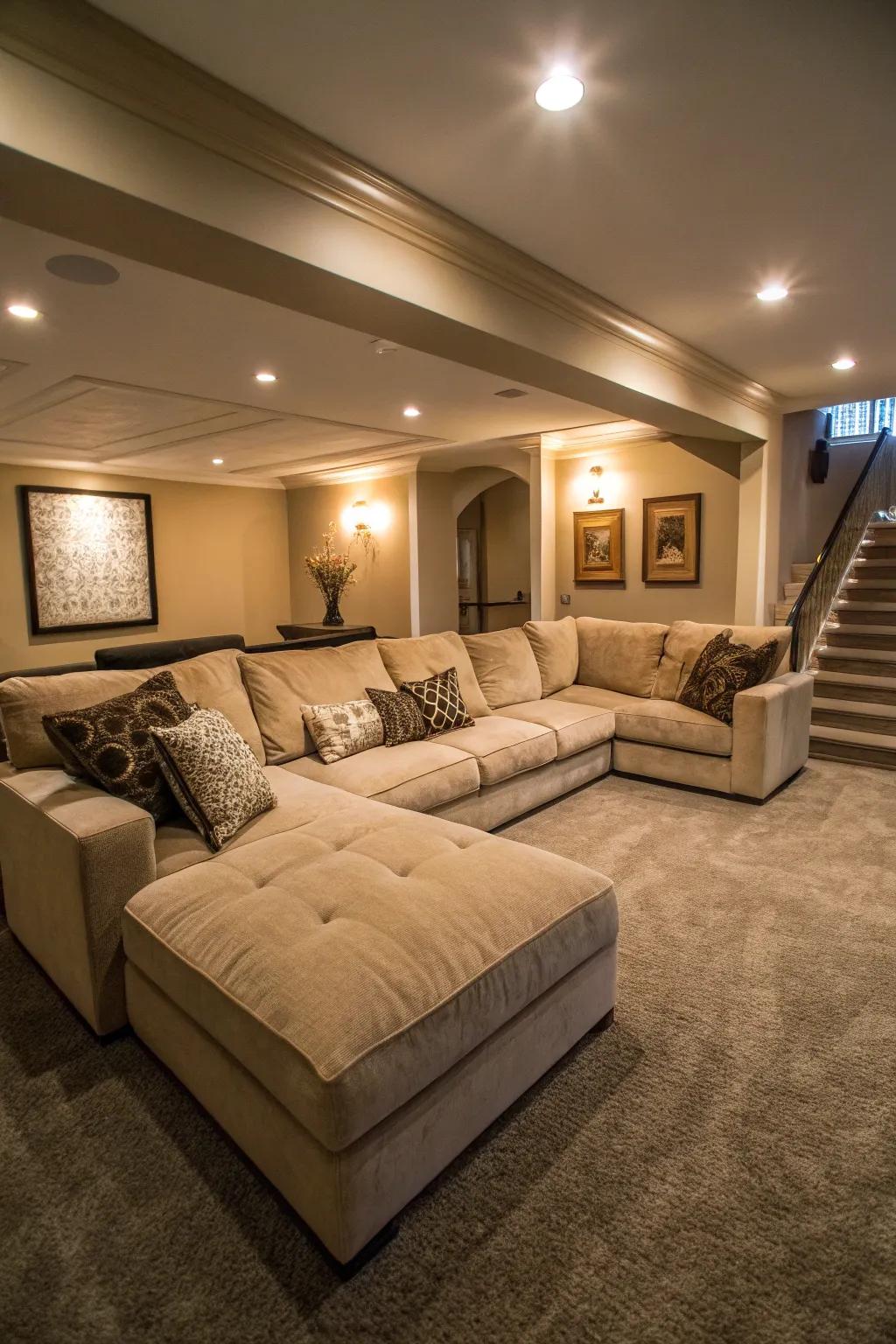 A U-shaped sectional sofa offers ample seating for family and friends in your media room.