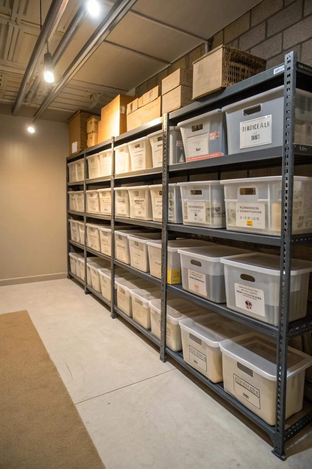 Tall shelving units maximize vertical storage in the basement.