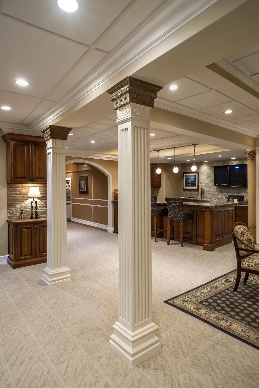 Elegant decorative columns replacing ordinary basement poles.