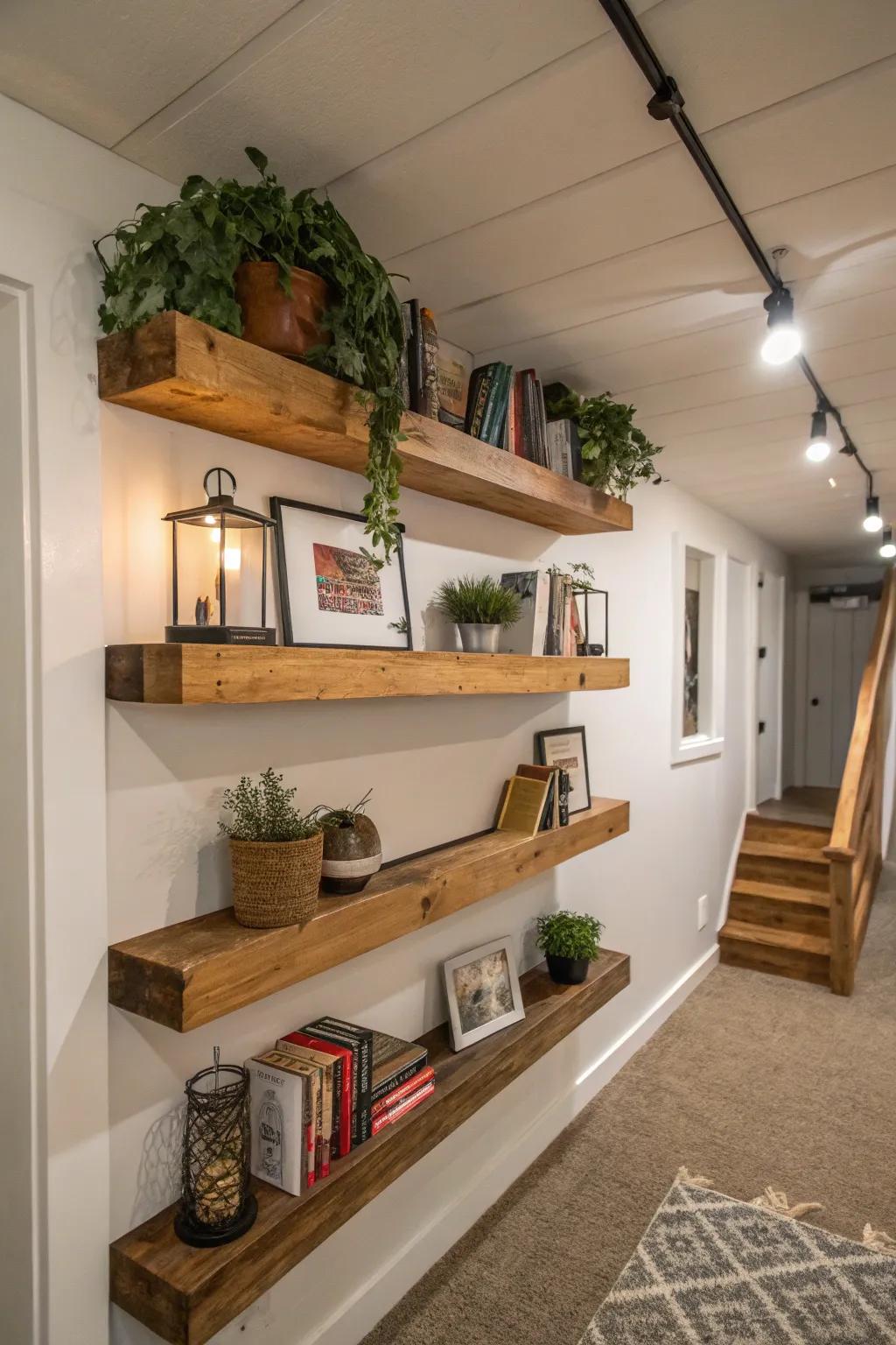 Floating shelves add a modern touch while keeping your items neatly organized.