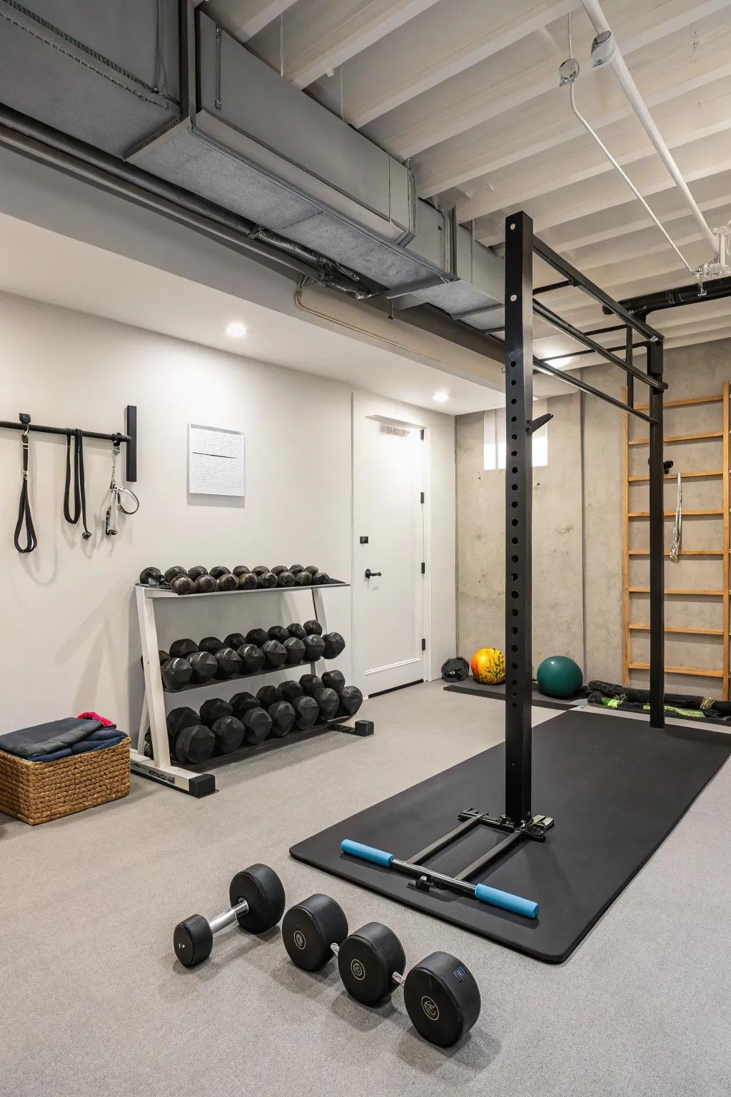 Maximize your basement space with a minimalist workout setup.