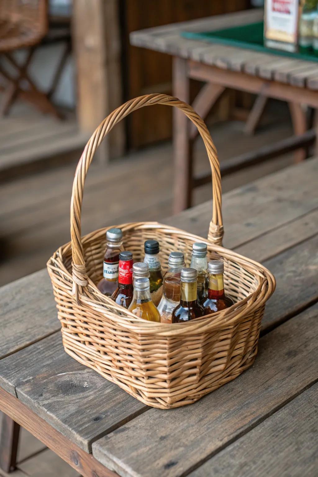 A charming wicker basket showcasing a variety of miniature liquor bottles.