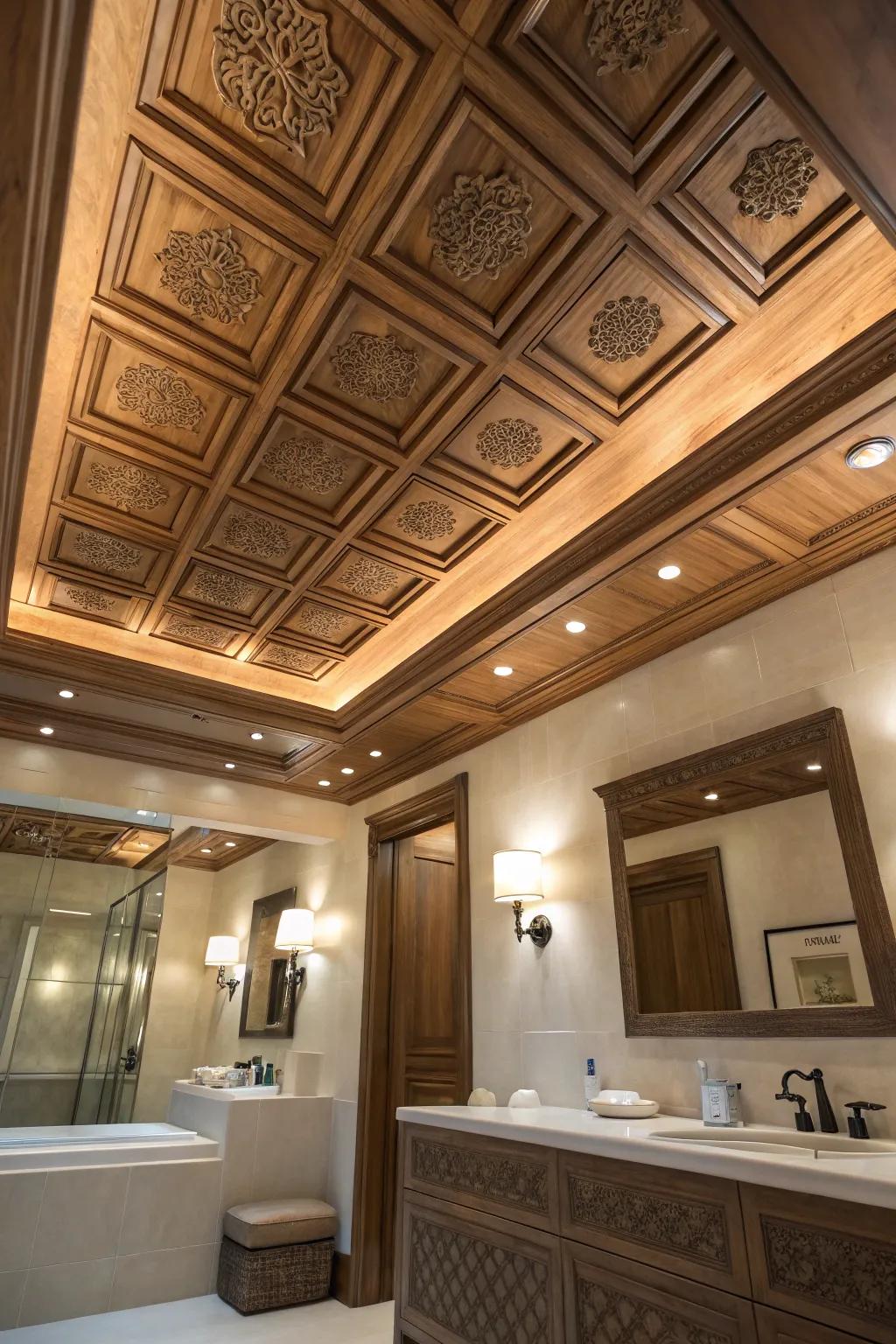 The timeless beauty of a coffered ceiling adds depth and sophistication to any bathroom.